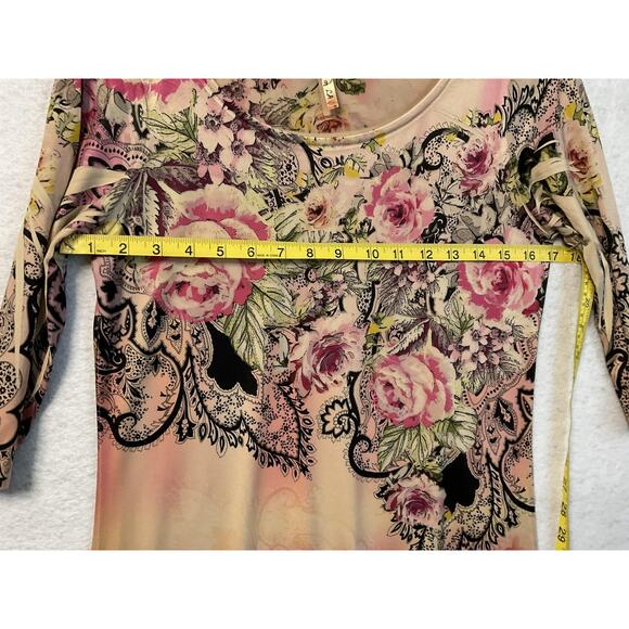 Floral Dress Womens Petite Small Pink Peach Ombre 3/4 Sleeve Stretch Made USA - Picture 5 of 7